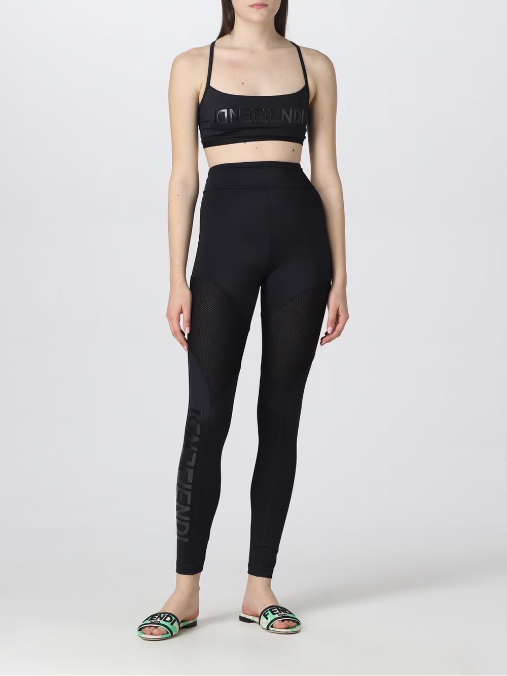 Fendi Black High-Waist Mesh-Panel Leggings